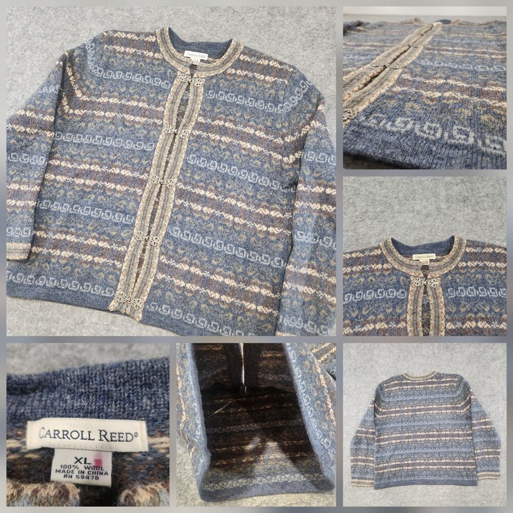 Carroll Reed Womens XL 100% Wool Knit Nordic Fair Isle Clasp‎ Cardigan Sweater